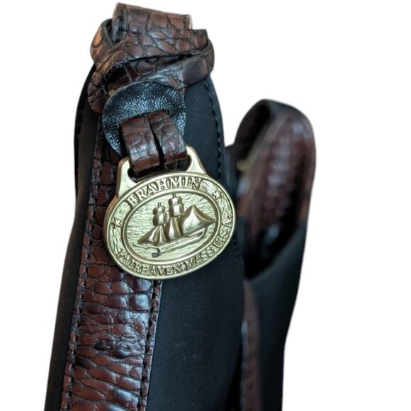 Vintage Brahmin Solid Dark Nylon Croc Style Leather Handle Accents Shoulder Bag - Picture 3 of 16